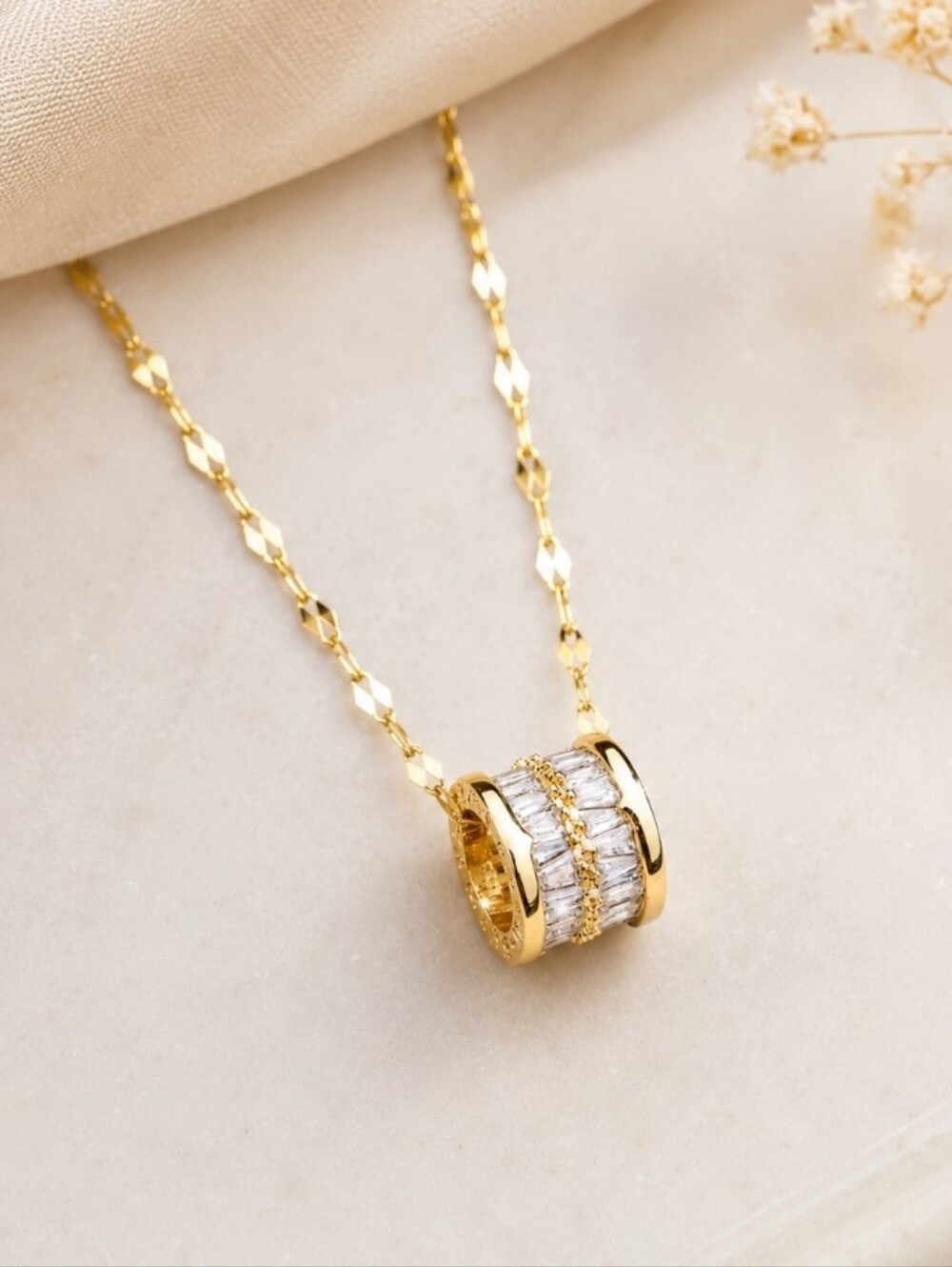 18K Gold Diamond Cylinder Barrel Charm Necklace
